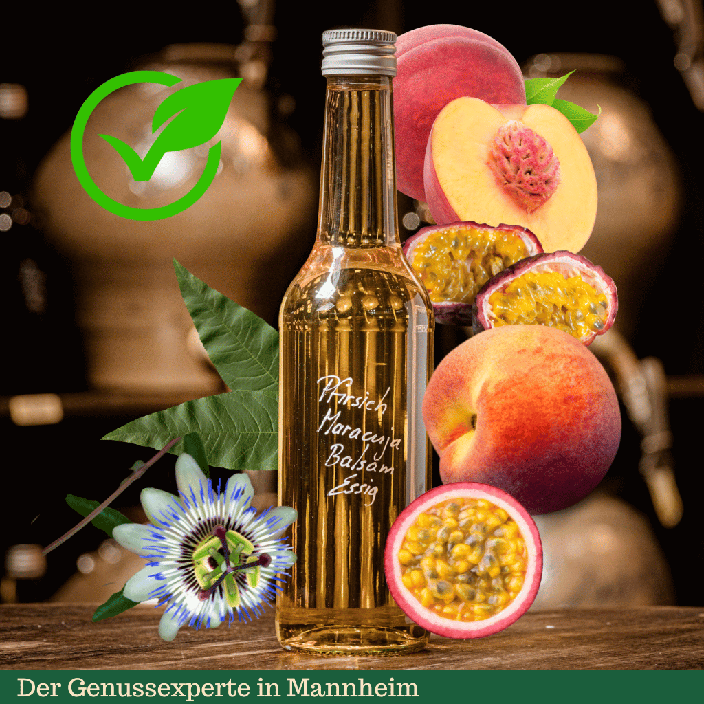 Eine Flasche mit Gourmetessig Pfirsich Maracuja online in Mannheim
