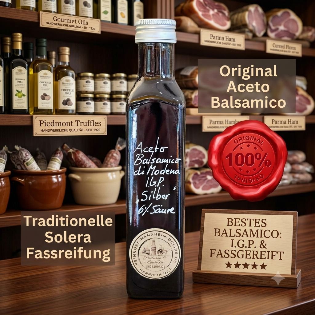 Ein Werbebild für eine Flasche Aceto Balsamico, fotografiert in einem Feinkostgeschäft mit Holzregalen voller Spezialitäten im Hintergrund. Die Flasche, die in der Mitte steht, enthält eine dunkle Flüssigkeit und hat ein handgeschriebenes Etikett mit der Aufschrift "Aceto Balsamico di Modena I.G.P. Silber 6% Säure". Ein kreisförmiges Etikett am unteren Rand zeigt ein Logo mit dem Text "FEINKOST-MANNHEIM-ONLINE.DE" MANNHEIM