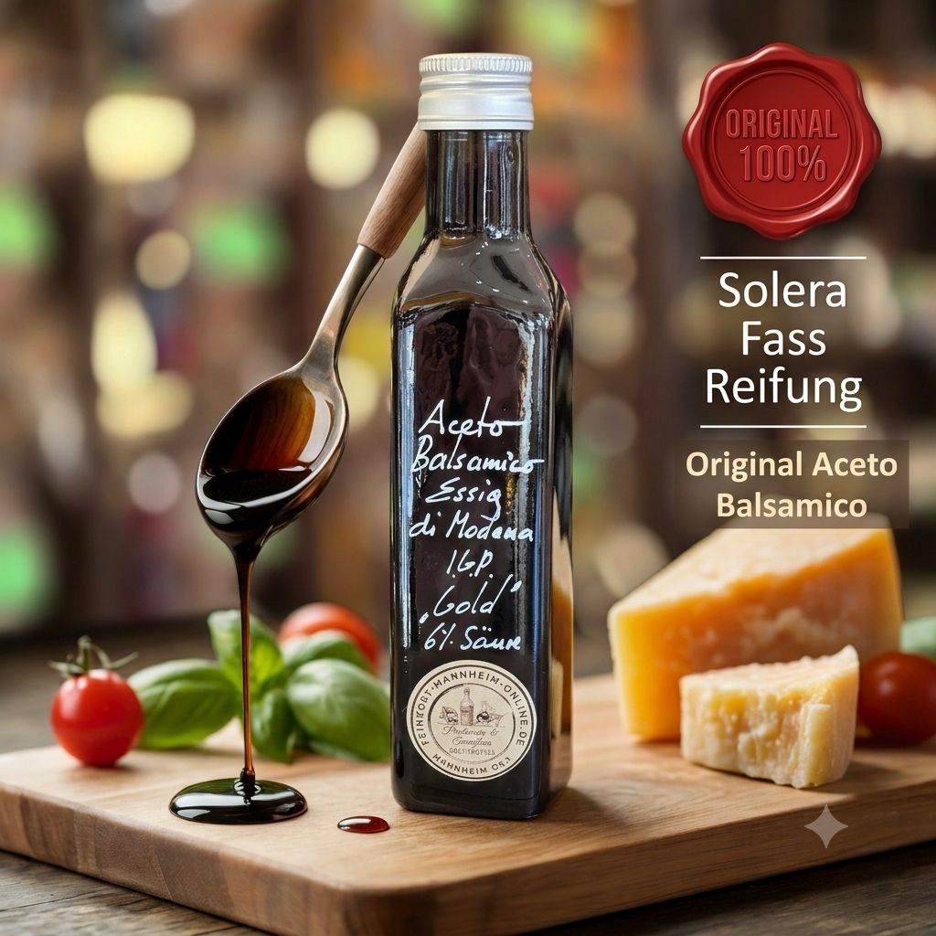 Ein Werbebild für eine Flasche Aceto Balsamico, fotografiert in einem Feinkostgeschäft auf einem Holzbrett mit PArmesankäse, Tomaten und Basilikum. Die Flasche, die in der Mitte steht, enthält eine dunkle Flüssigkeit und hat ein handgeschriebenes Etikett mit der Aufschrift "Aceto Balsamico di Modena I.G.P. Gold 6% Säure". Ein kreisförmiges Etikett am unteren Rand zeigt ein Logo mit dem Text "FEINKOST-MANNHEIM-ONLINE.DE MANNHEIM O3, 1