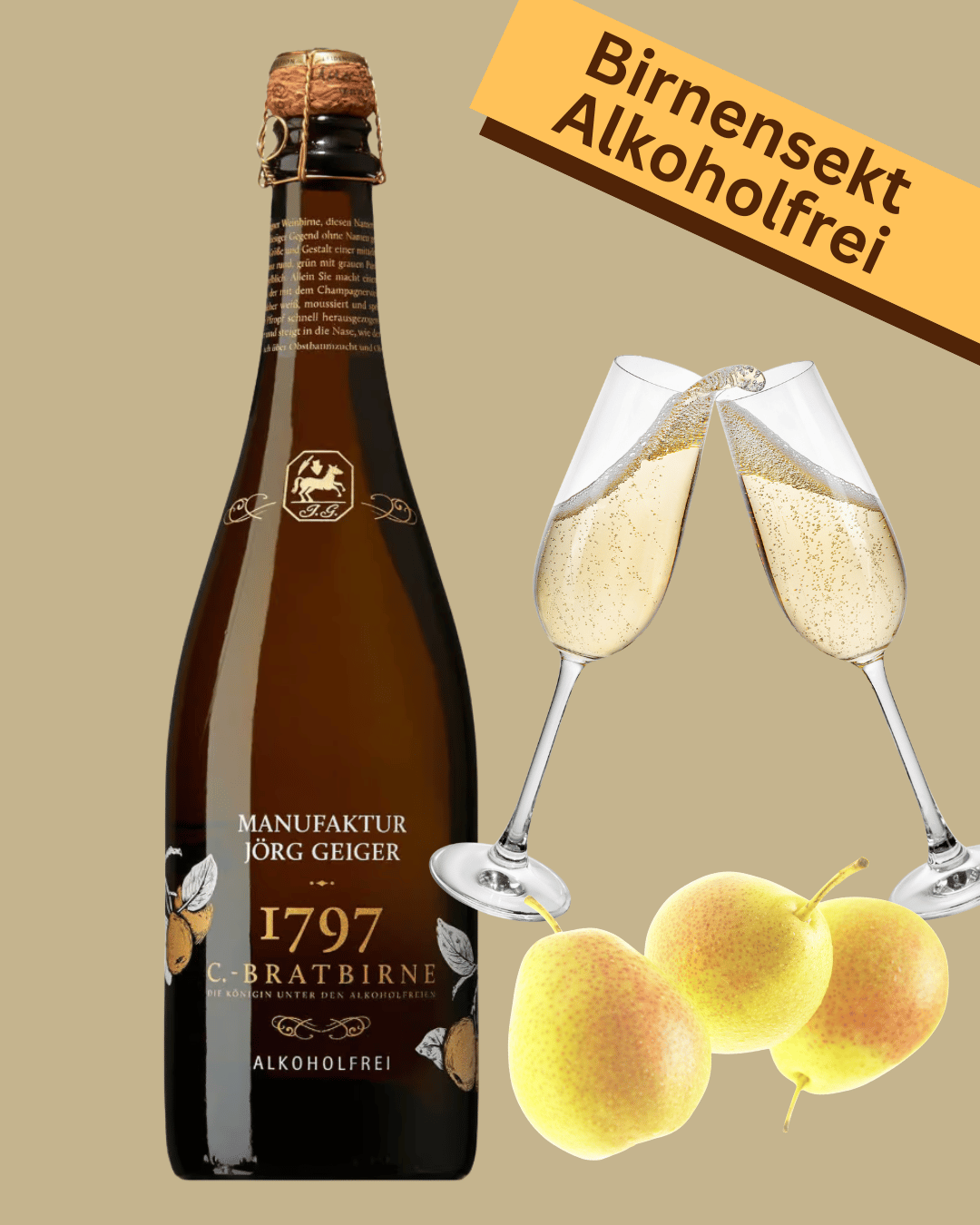 Alkoholfreier Birnensekt Champagner Bratbirne 1797 von Jörg Geiger mit zwei anstoßenden Sektgläsern und gelben Birnen in Mannheim