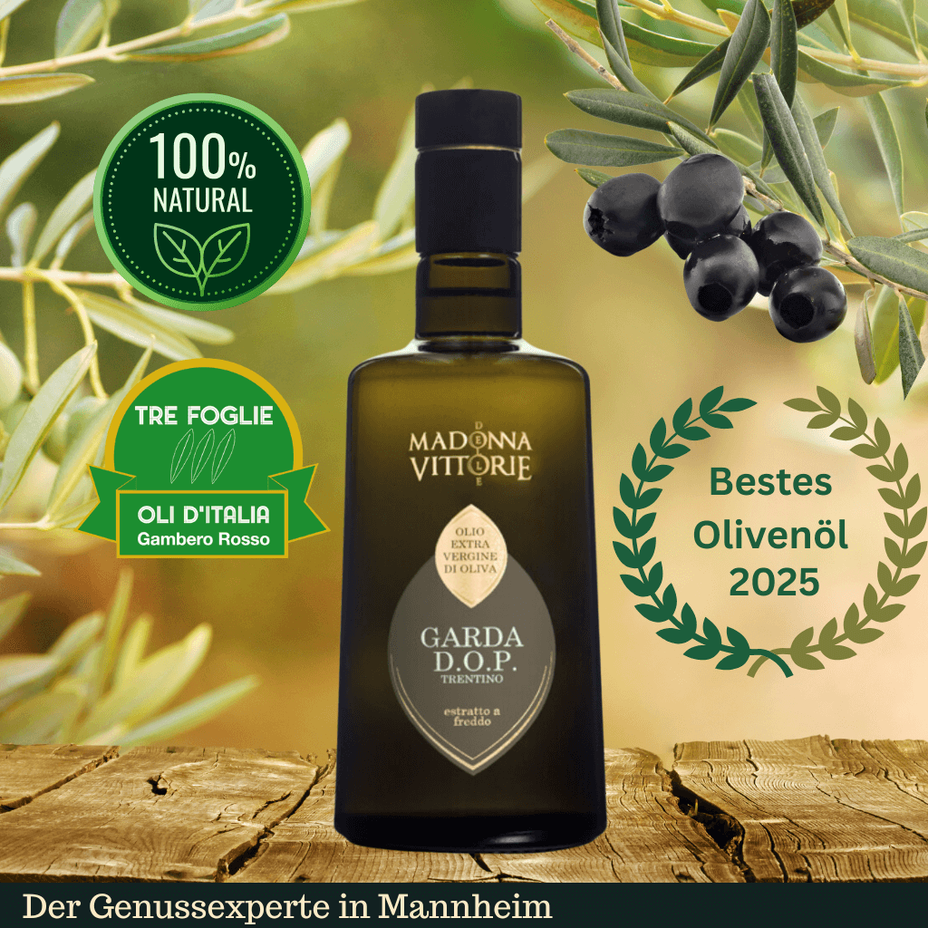 Eine Flasche extra natives Olivenoel Madonna Vittorie Garda D.O.P mit Oliven 