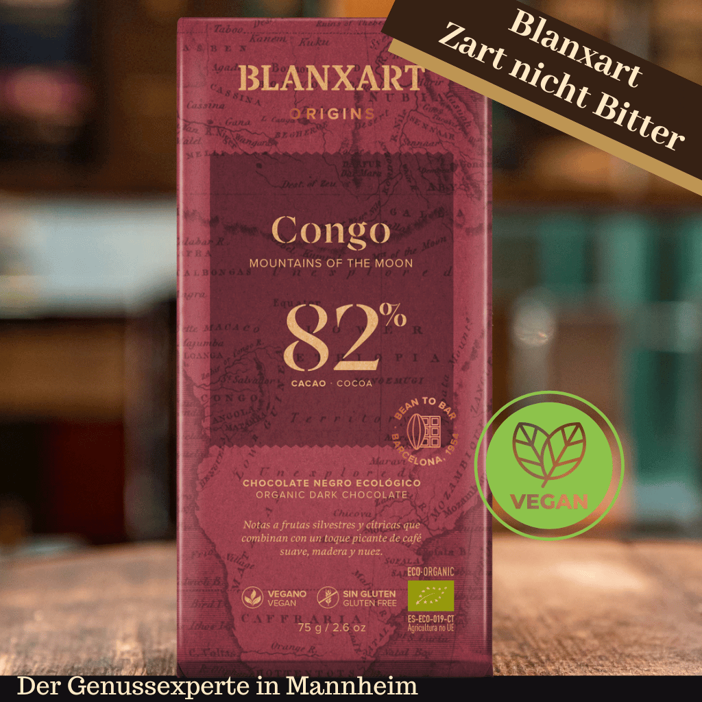 Eine Blanxart Congo 82% Bio-Schokolade – dunkle Tafel mit edler Verpackung in Mannheim