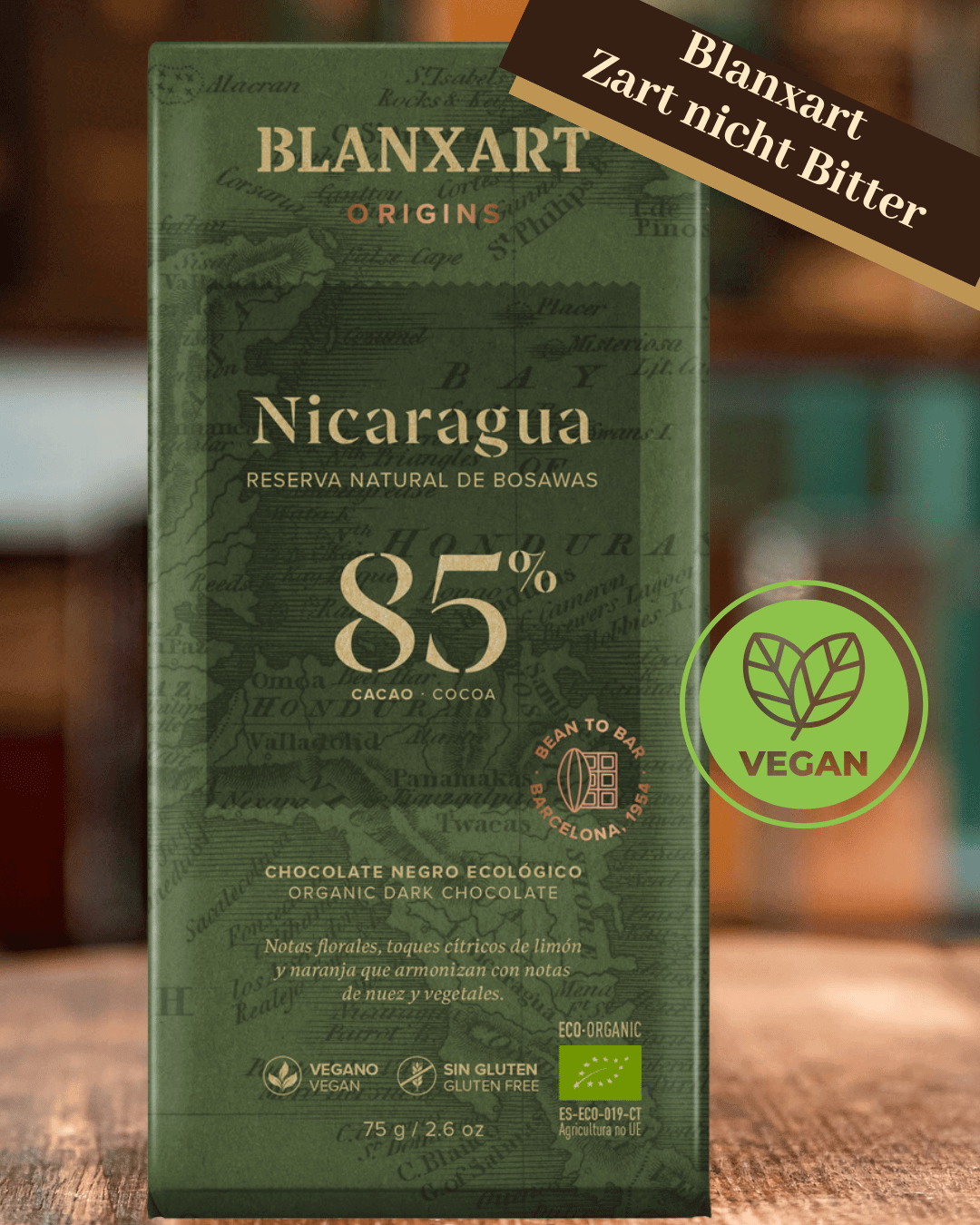 Eine Tafel Blanxart Zartbitter Schokolade  Nicaragua 85% mit grüner Verpackung in Mannheim