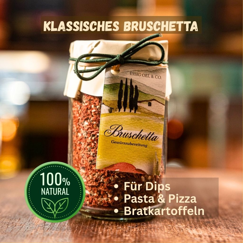 Klassisches Bruschetta Gewürzzubereitung im Glas von Essig Oel & Co bei Feinkost Mannheim. 100% natürliche Gewürzzubereitung mit Tomate und Knoblauch. Perfekt für mediterrane Dips, Bruschetta Brot, Pasta, Pizza und als Geheimtipp für Bratkartoffeln.