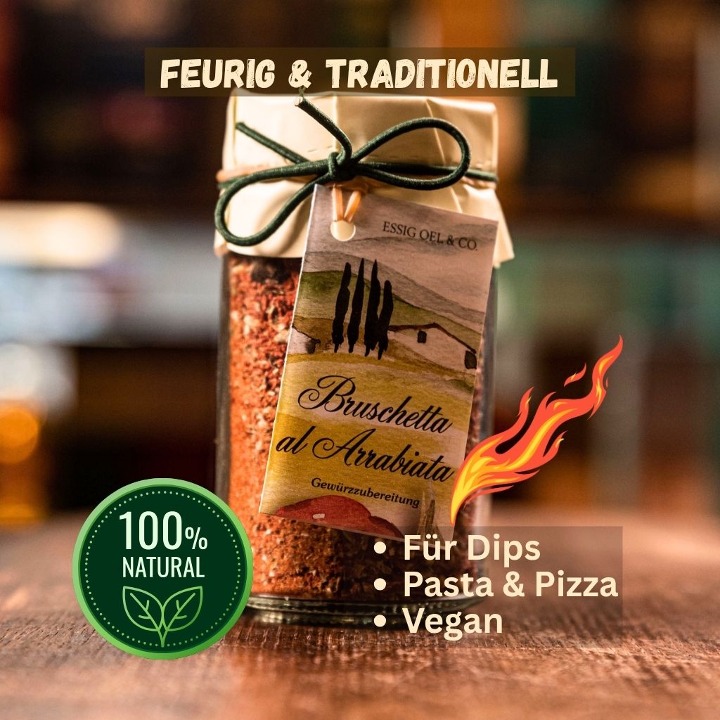 Bruschetta al Arrabiata Gewürzmischung im Glas auf rustikalem Holztisch bei Feinkost Mannheim mit Texteinblendungen für Dips, Pasta und Pizza. 6,99 Euro 