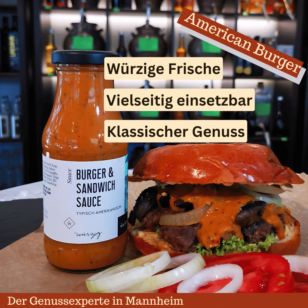 Burger mit Tomaten und Zwiebel neben der Flasche brauner Burger Sauce in Mannheim Innenstadt
