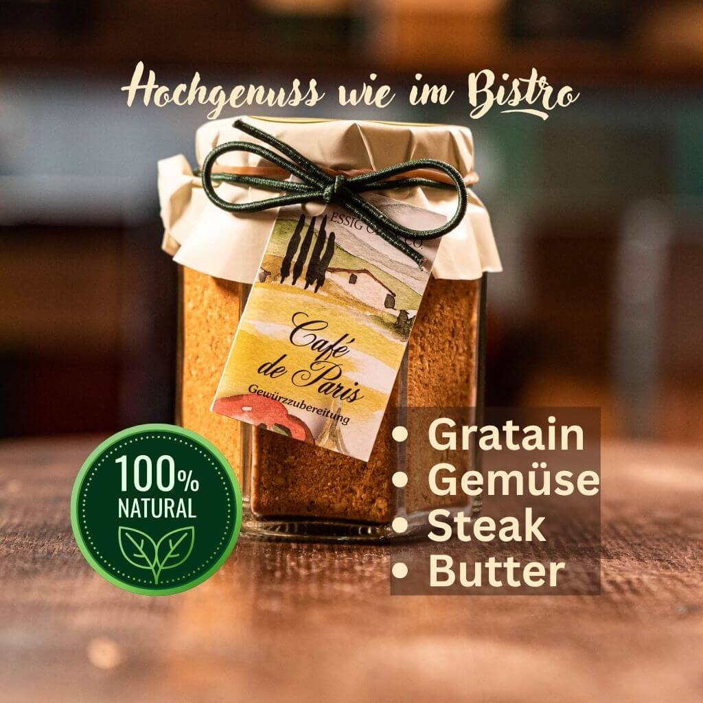 Café de Paris Gewürzmischung im Glas auf rustikalem Holztisch bei Feinkost Mannheim mit Texteinblendungen zu 100 % natürlichen Zutaten und schneller Zubereitung für Steakbutter.