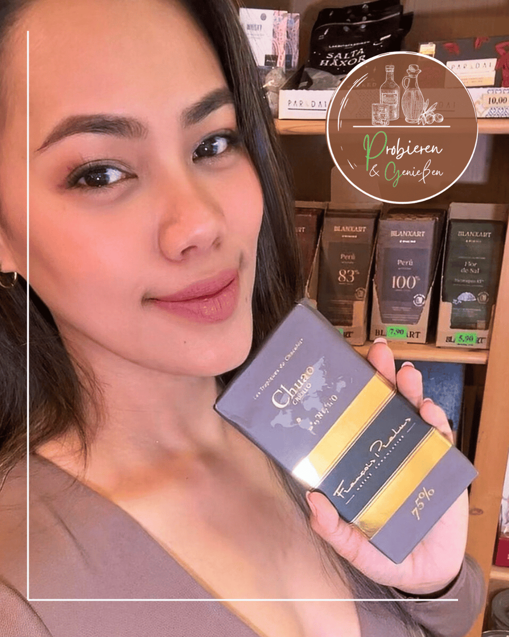 Junge Frau mit Zartbitterschokolade von Francois Pralus in Mannheim Innenstadt