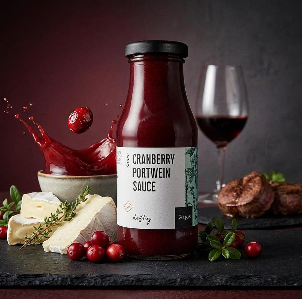 Cranberrysauce mit Portwein Sauce in der Glasflasche arrangiert mit frischen Cranberrys, Camembert-Käse, Thymian und zartem Rinderbraten vor dunklem Gourmet-Hintergrund bei Probieren & Genießen.