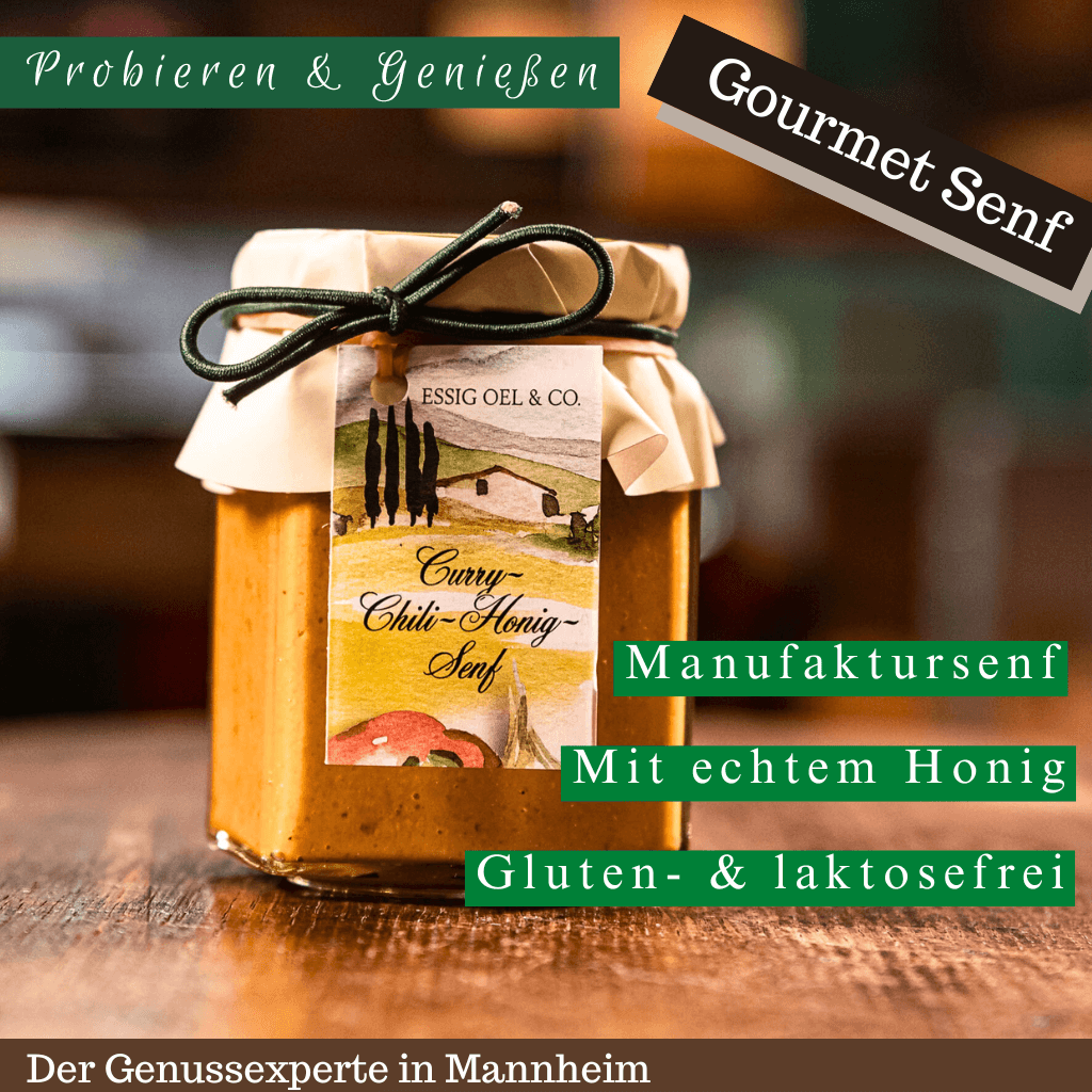 Ein glas Curry Chily Manufaktursenf für Steaks und Käse in Mannheim