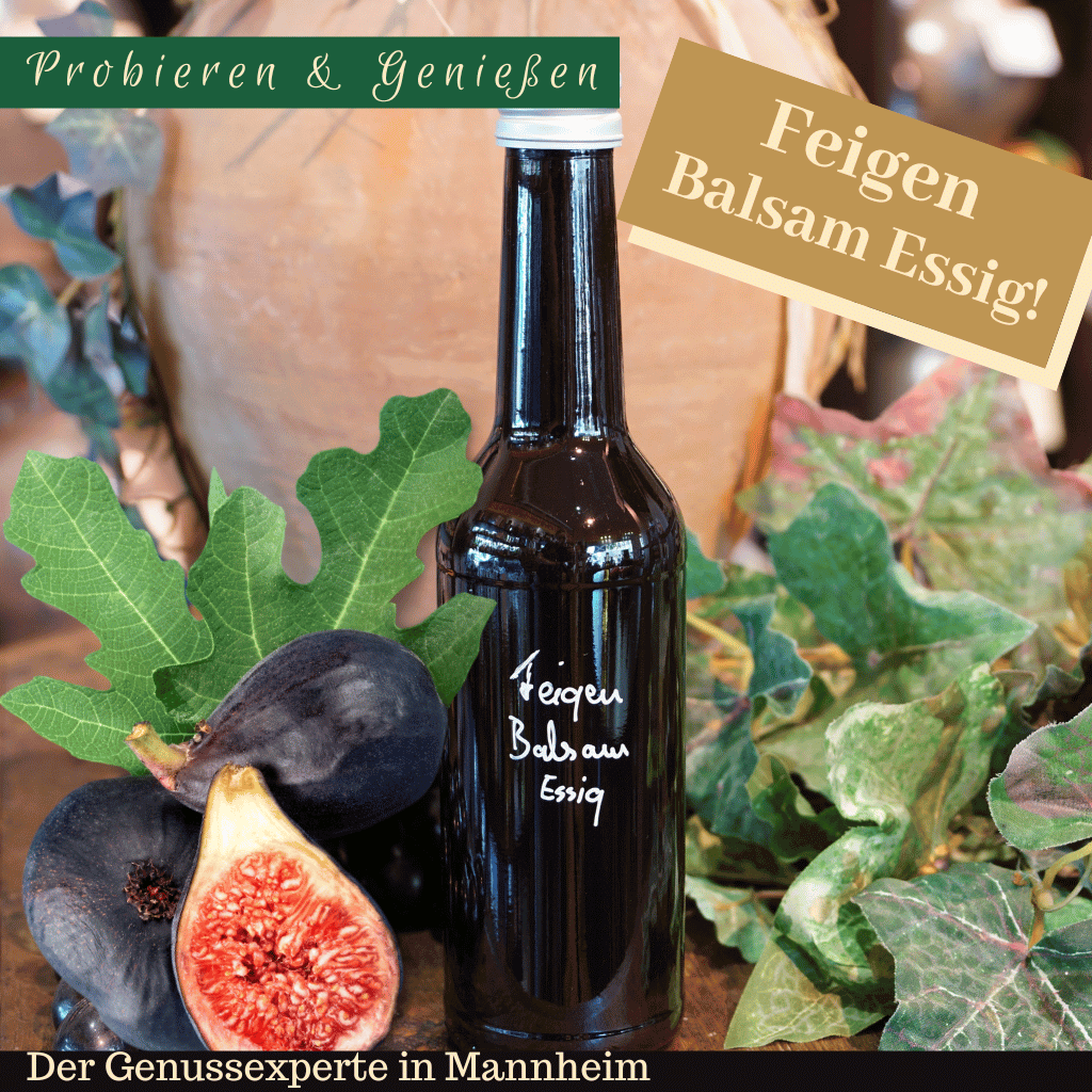 Eine Flasche dickflüssiger Feigenessig mit frischen Feigen in Mannheim