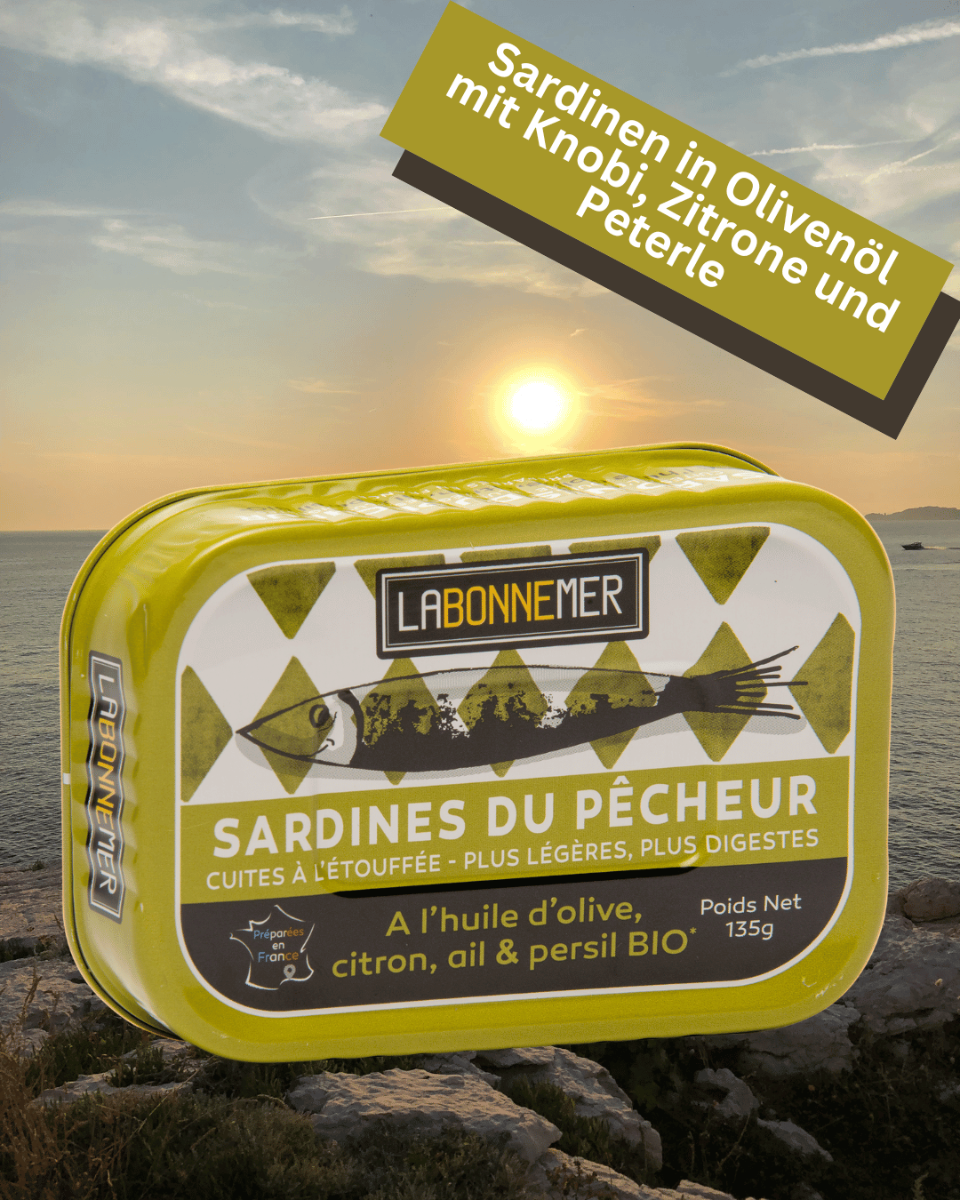 Bio Sardinen in Olivenöl mit Knoblauch von La Bonne Mer in Dose. LaBonneMer, mediterraner Genuss mit Kräutern und feiner Würze.