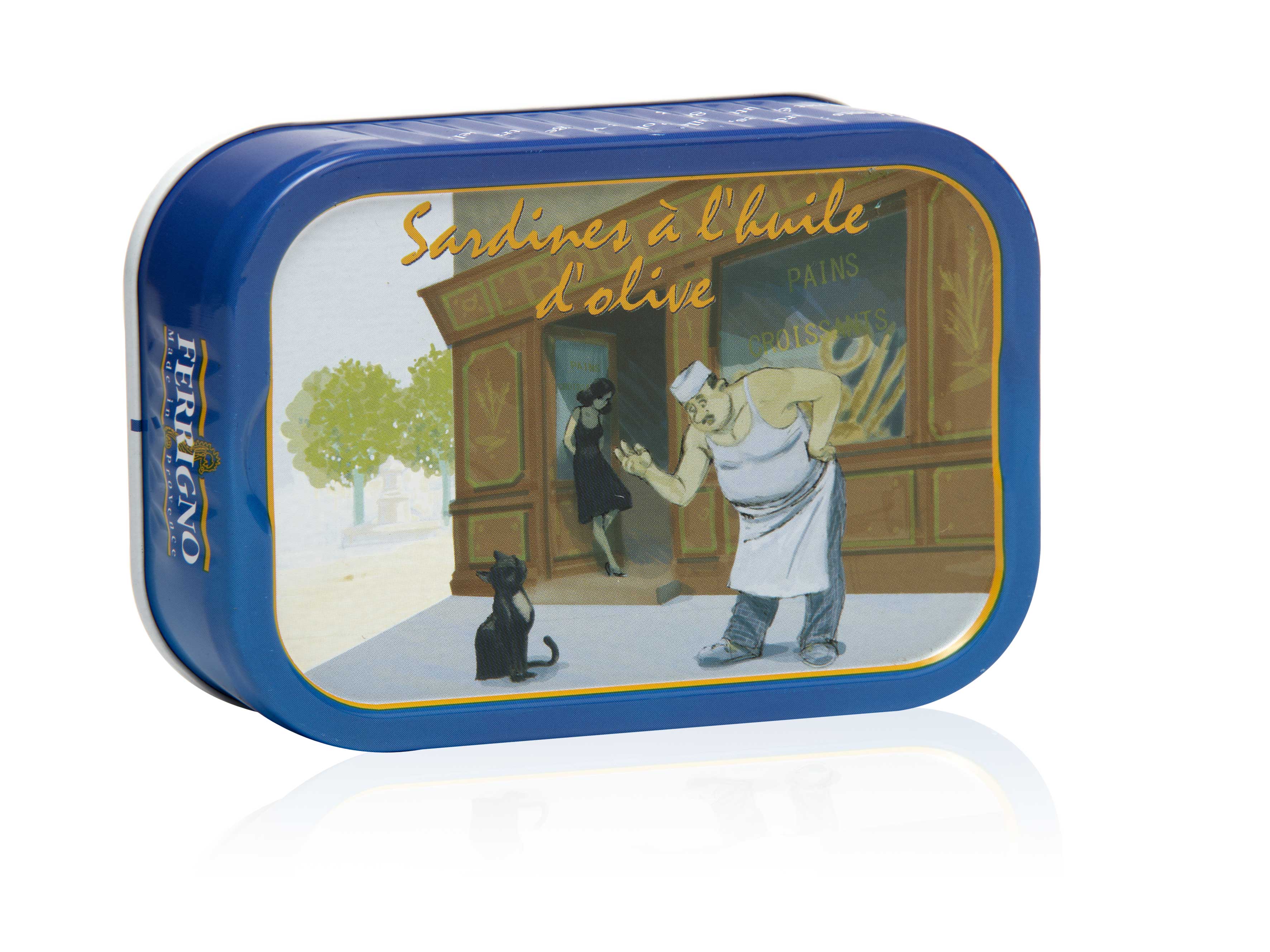 Blaue Sardinendose „Les Belles de Marseille“ von Ferrigno mit Illustration aus dem Film La Femme du Boulanger – Sardinen in extra nativem Olivenöl aus der Provence.