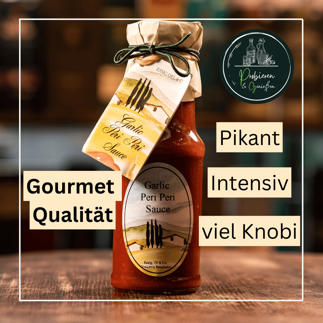 Eine Flasche rote Garlic Peri Peri Grillsauce mit den Benefits in Mannheim