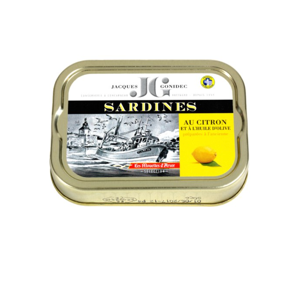 Eine Dose SARDINEN mit BIO Zitronen: 75%, natives Olivenöl extra BIO 20%, Zitrone 4%, Salz von J. Gonidec aus Frankreich. 115g