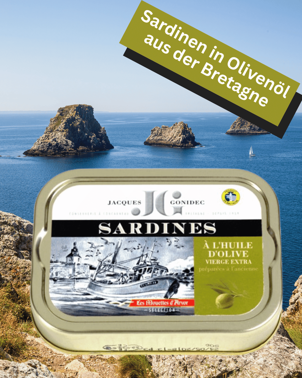 J. Gonidec Sardinen in Bio-Olivenöl extra vergine in Dose, im Hintergrund Felsen und Meer der Bretagne, französische Feinkost.