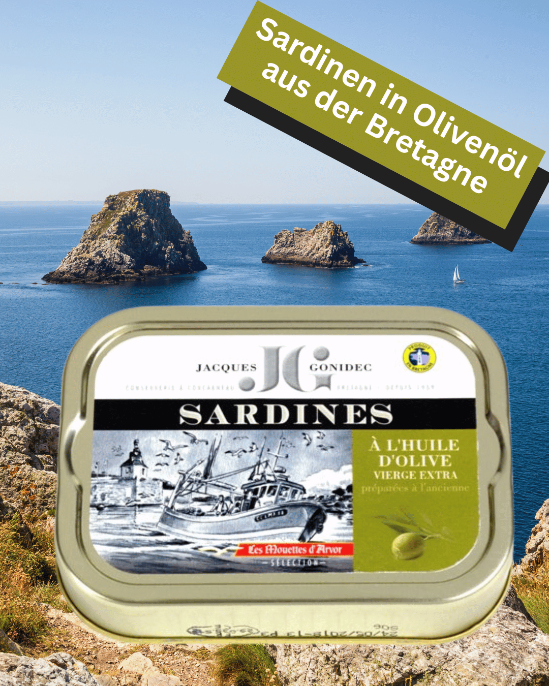 Jacques Gonidec Sardinen in Bio-Olivenöl extra vergine in Dose, im Hintergrund Felsen und Meer der Bretagne, französische Feinkost.