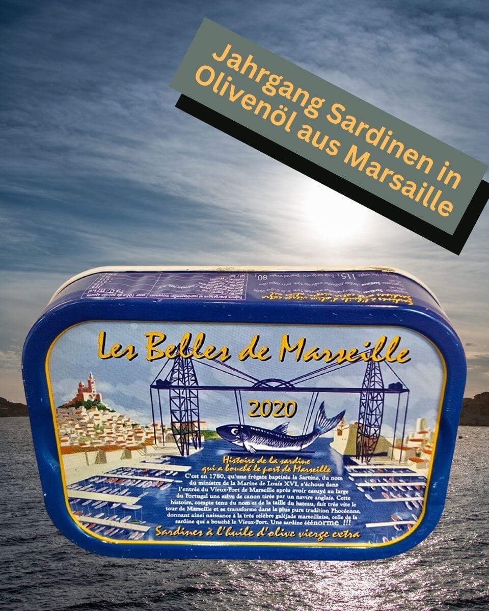 Jahrgangssardinen in Olivenöl 2020 Les Belles de Marseille in blauer Dose. Feine französische Sardinen.