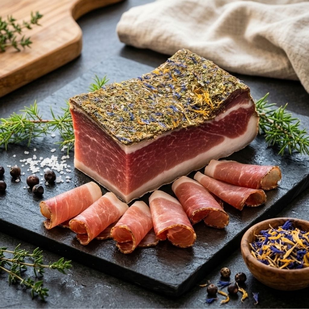 Ein rechteckiges Stück Tiroler Kräuter Speck mit dichter Hülle aus grünen Kräutern und blauen Kornblumenblüten, angerichtet mit feinen, eingerollten Speckscheiben in Mannheim