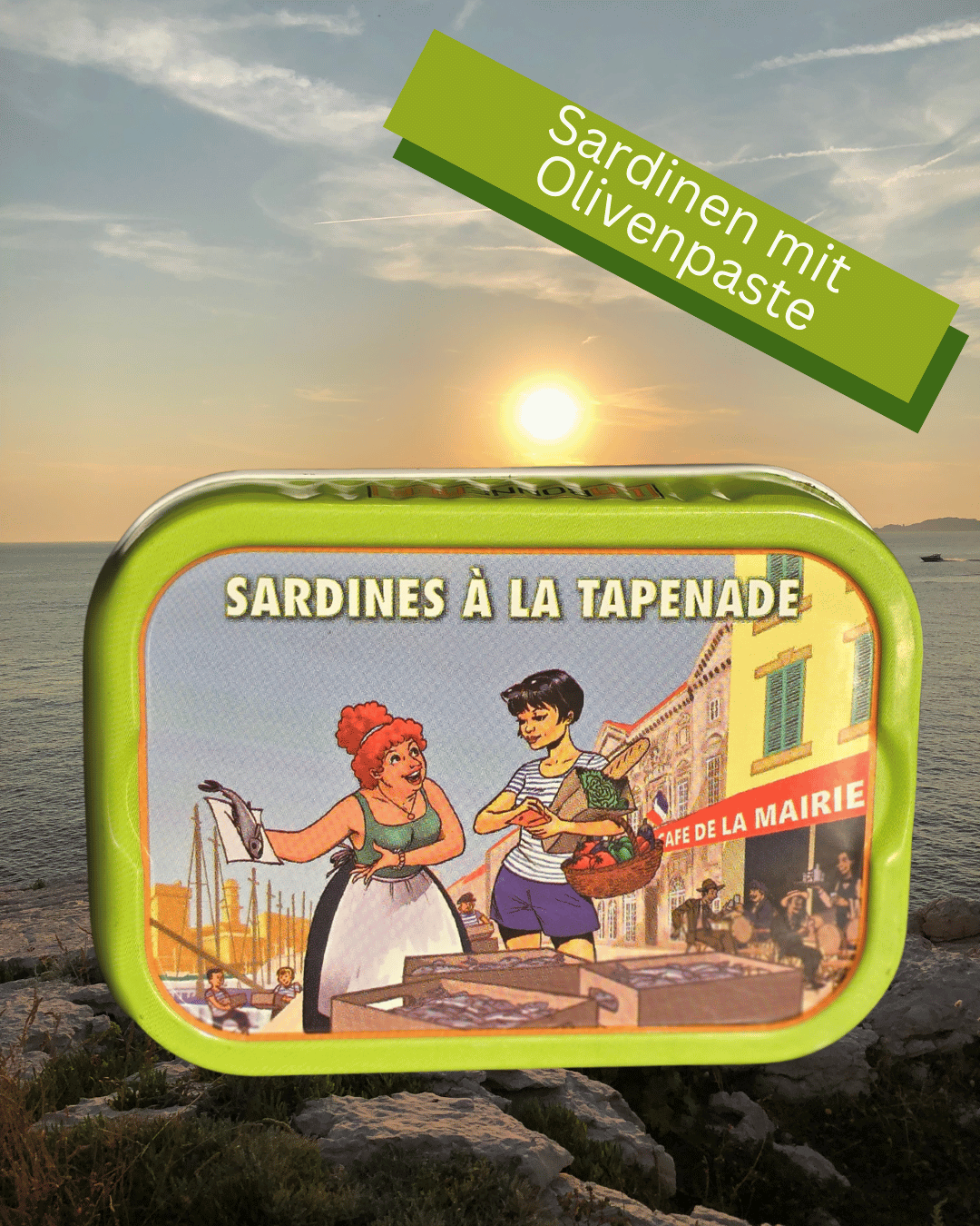 La Bonne Mer Sardinen in Tapenade“ mit Illustration zweier Frauen. Französische Feinkost-Sardinen in Olivenmus als Konserve in Mannheim Innenstadt