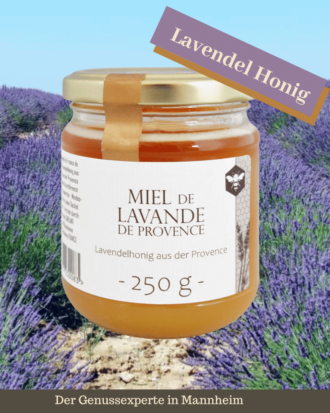 Ein Glas goldener reiner Lavendelhonig aus der Provence in Mannheim