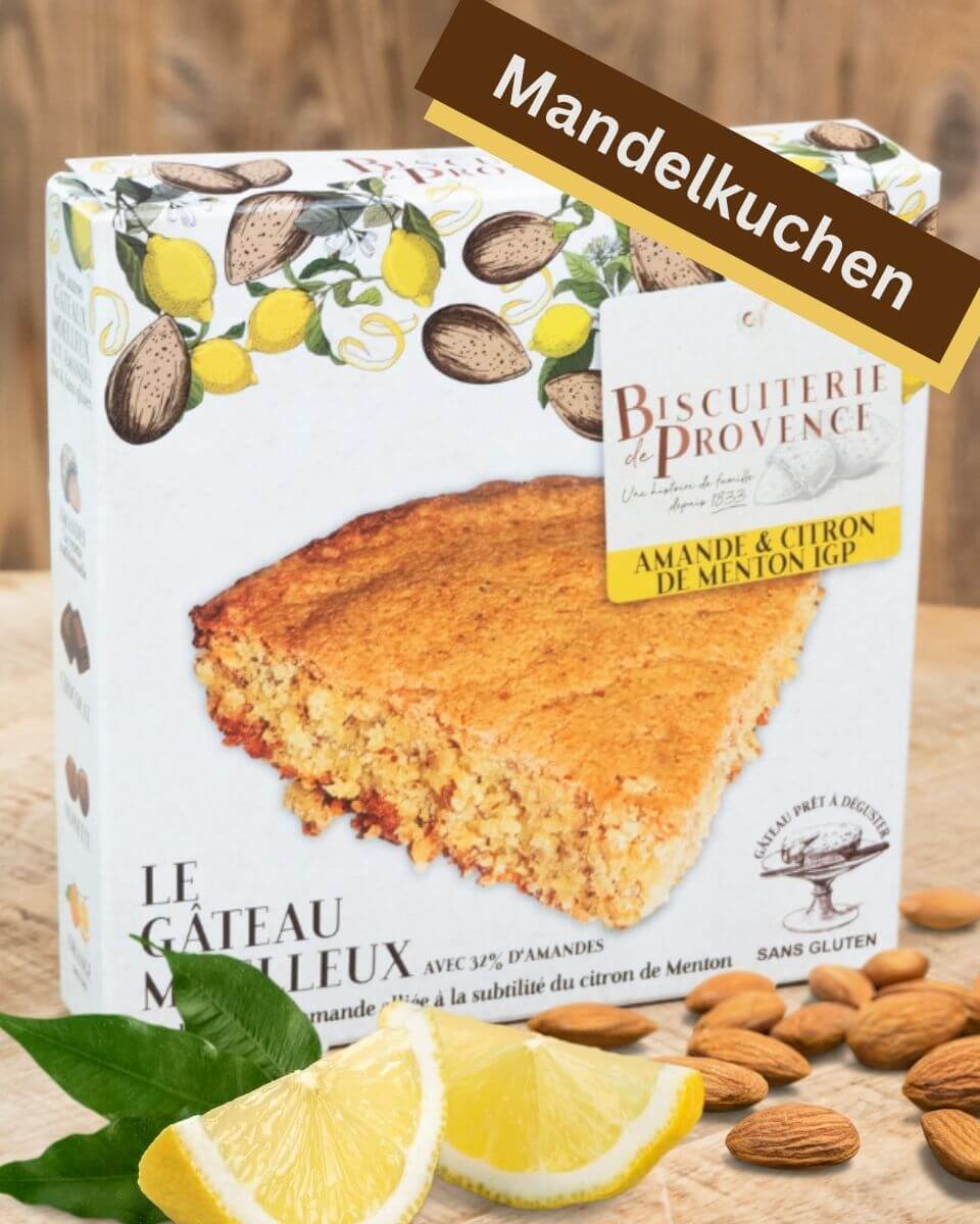 Eine weiße Packung mit Mandelkuchen mit Zitrone Menton online in Mannheim kaufen