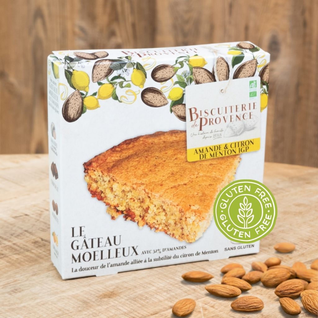 BIO Mandelkuchen mit Zitronen aus Frankreich in der Dose. Weiße Pappverpackung mit Mandeln und Zitrone. Glutenfrei in Mannheim.