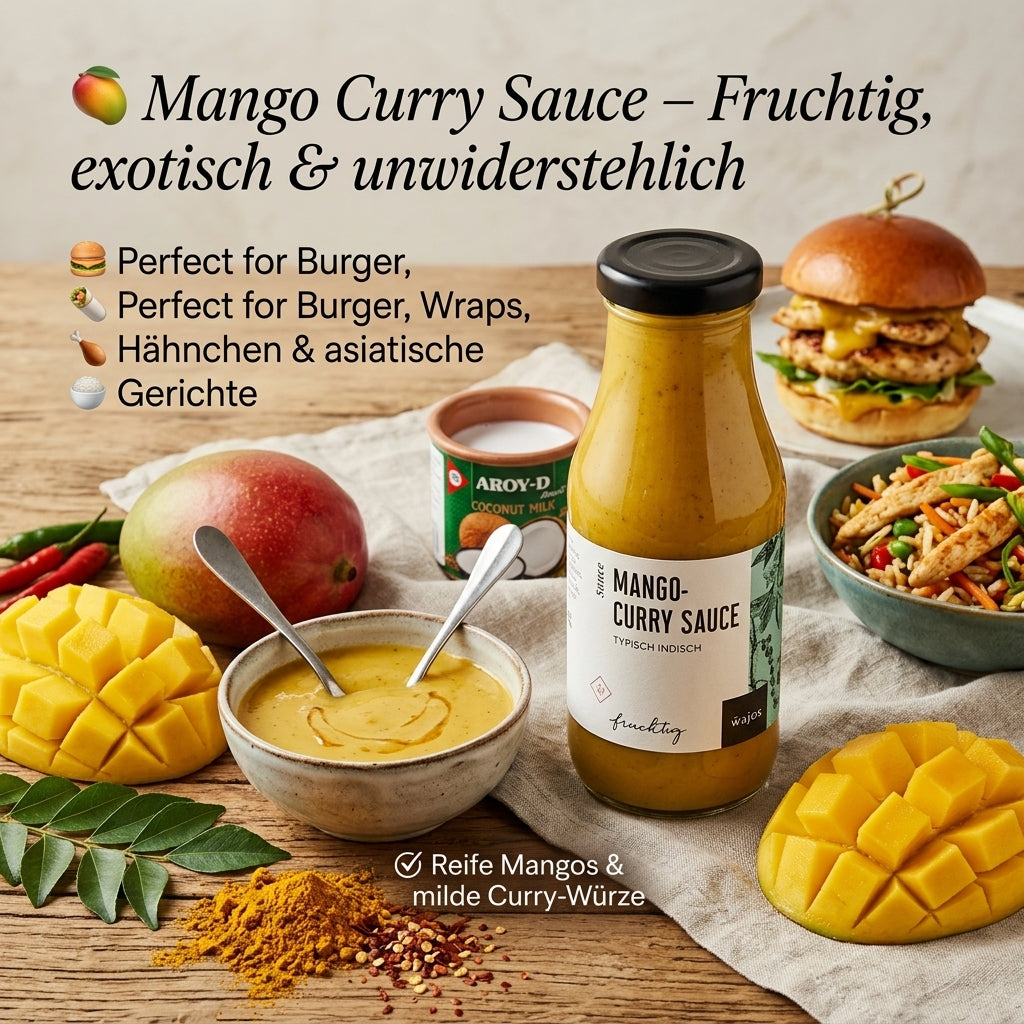 Eine Flasche Mango Curry Sauce auf einem Tisch mit Mango, Burger und SAlat Bowl in MAnnheim