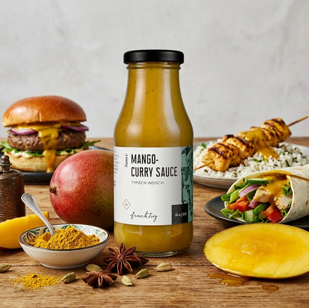 Eine Flasche Mango Curry Sauce auf einem Holztisch mit geschnittenen Mangos, Currypulver, saftigem Käse-Burger, Gemüsewrap und gebratenem Hähnchenspies in Mannheim