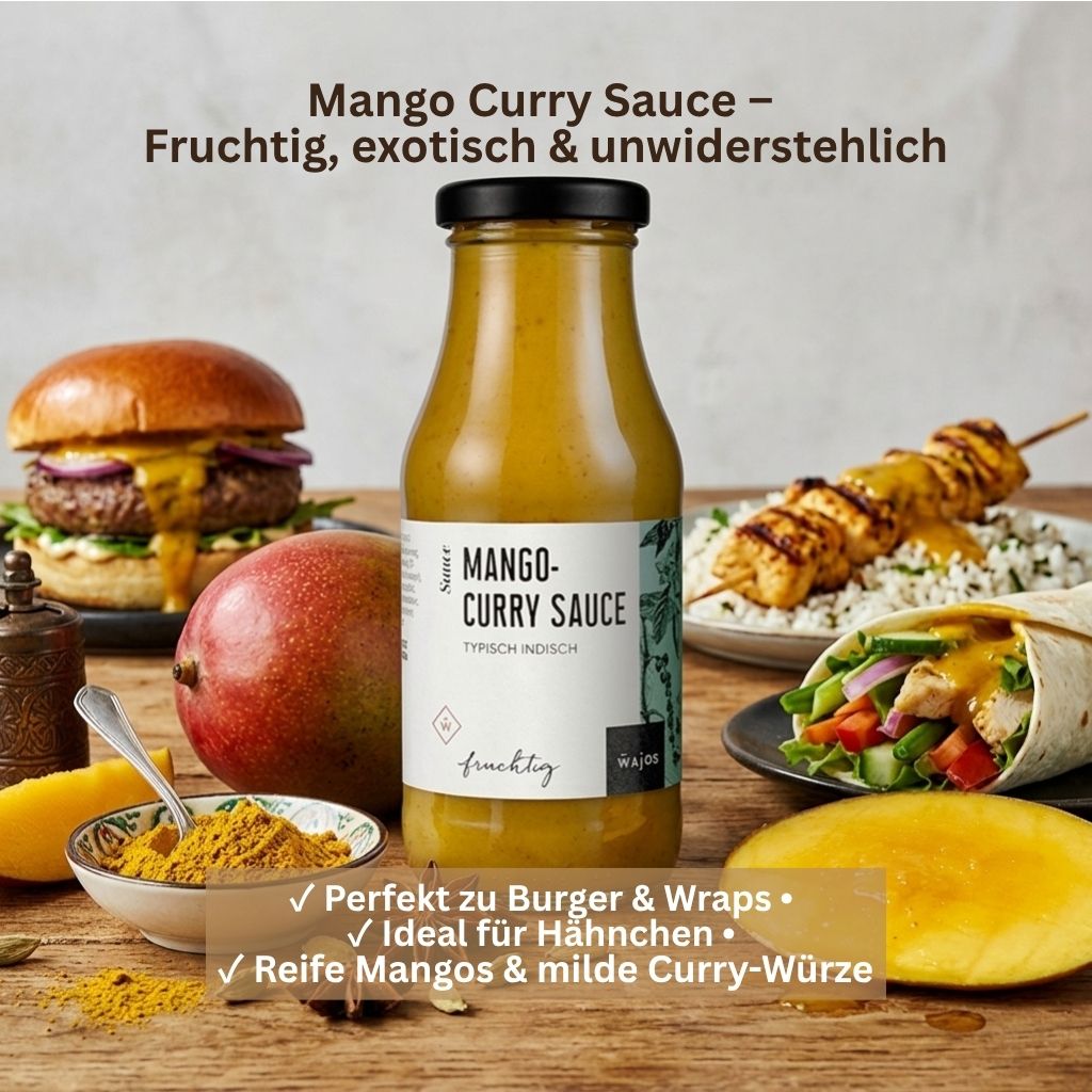 Eine Glas Flasche Mango-Curry Sauce auf Holztisch, umgeben von saftigem Burger, 
frischer Mango und Currygewürzen, mit Serviervorschlägen für Wrap und 
Hähnchenspieße. Fruchtige Curry-Sauce aus Mannheim.