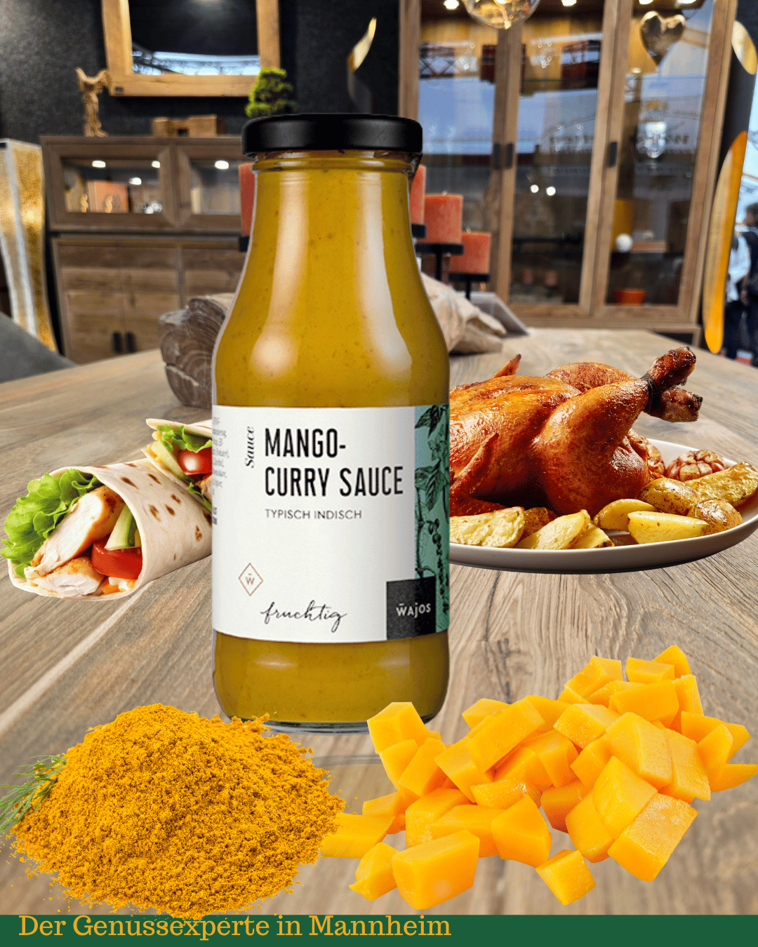 Mango Curry Sauce auf einem Holztisch mit Brat Hühnchen und Chicken Wrap in Mannheim