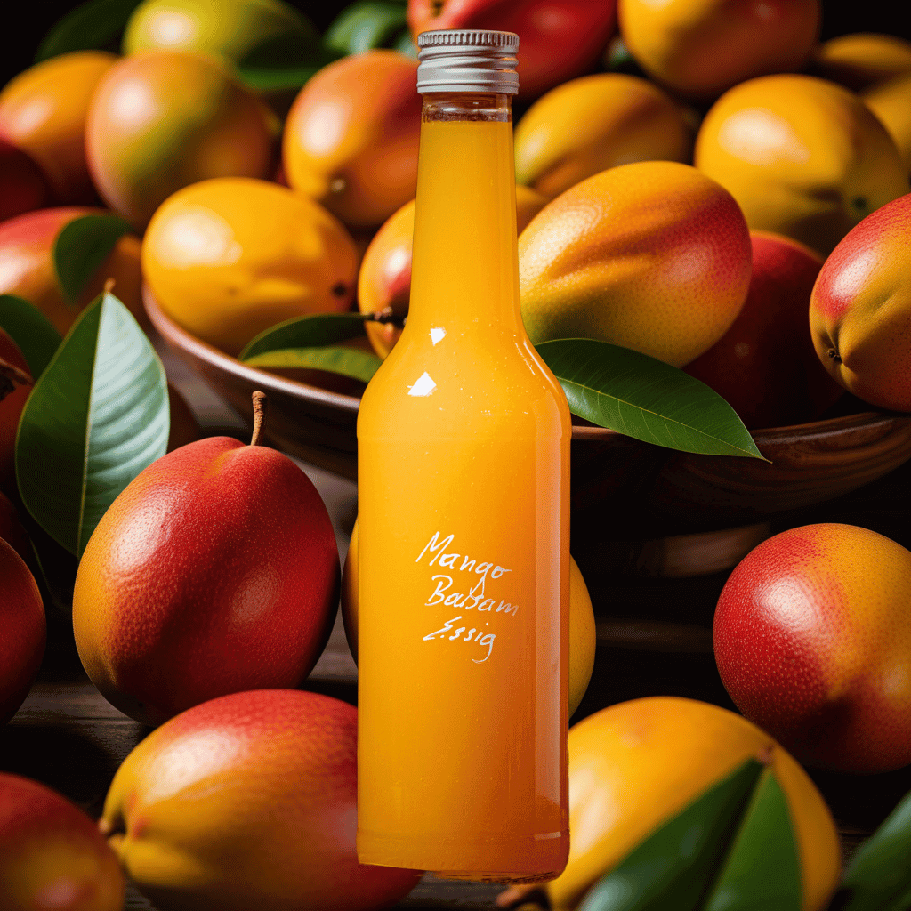eine Flasche gelber Mango Essig vor fruchtigen reien Mangos in Manheim