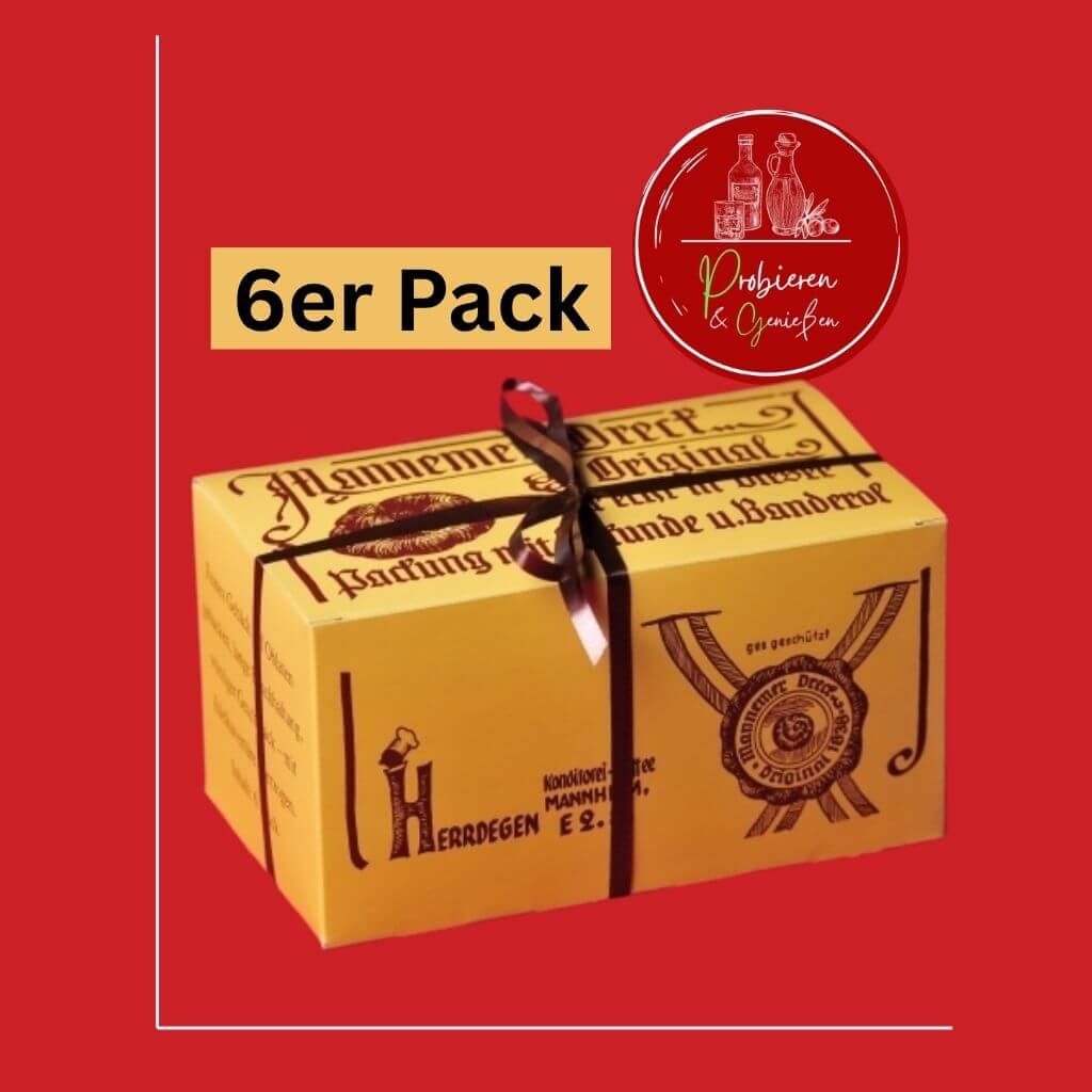 Gelbe Geschenkverpackung mit der 6er-Vorteilspackung Original Mannheimer Dreck (300g), ideal zum Verschicken und Verschenken.