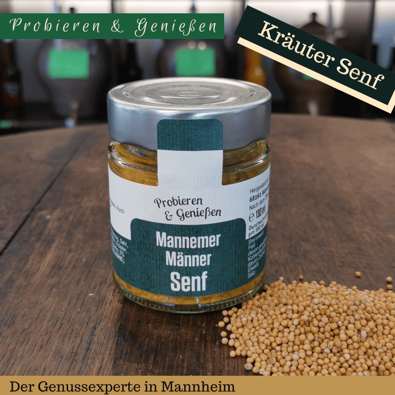 Ein Glas mit Mannheimer Männersenf Kraeutersenf mit Senfkoernern im Senfladen Mannheim