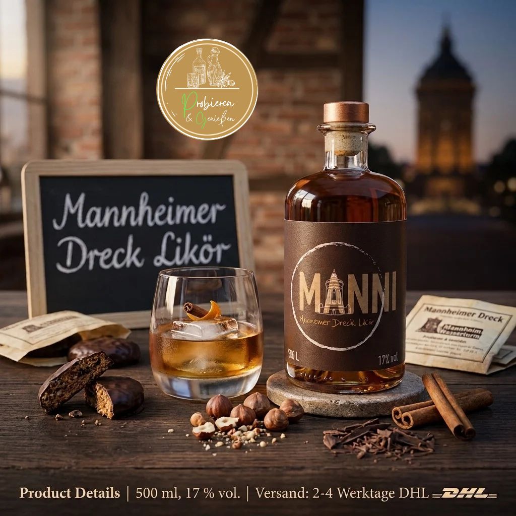 Eine Flasche Manni mit einem Glas Mannheimer Dreck Likör mit Zimt, Nüssen und Kakao. Im Hintergrund der Mannheimer Wasserturm.