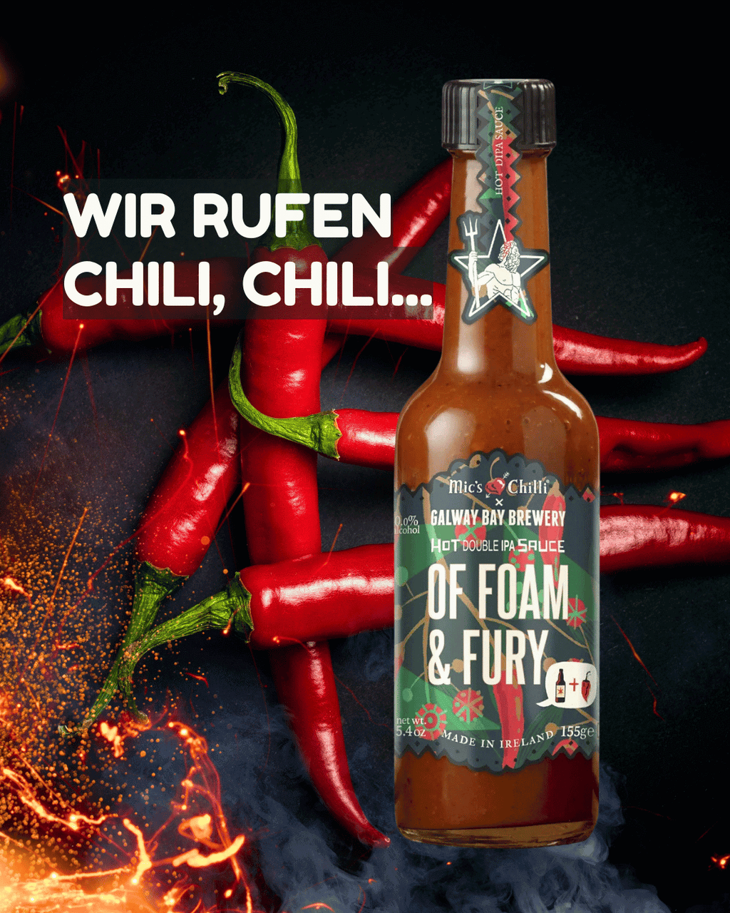 Eine Flasche mit der Mic's Foam & Fury Chilysauce von der Galaway Brewery 