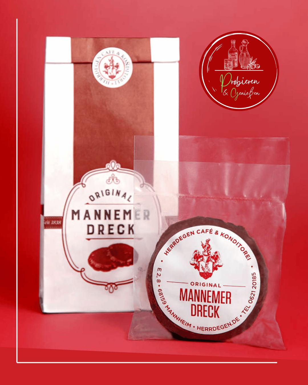 Eine Tüte mit 3 Stück Mannheimer Dreck, die Spezialität aus Mannheim Innenstadt