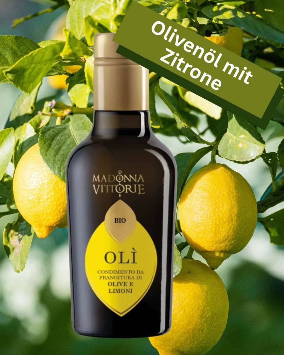 Eine Flasche italienisches BIO Olivenöl mit Zitrone von Madonna Vittorie online in Mannheim
