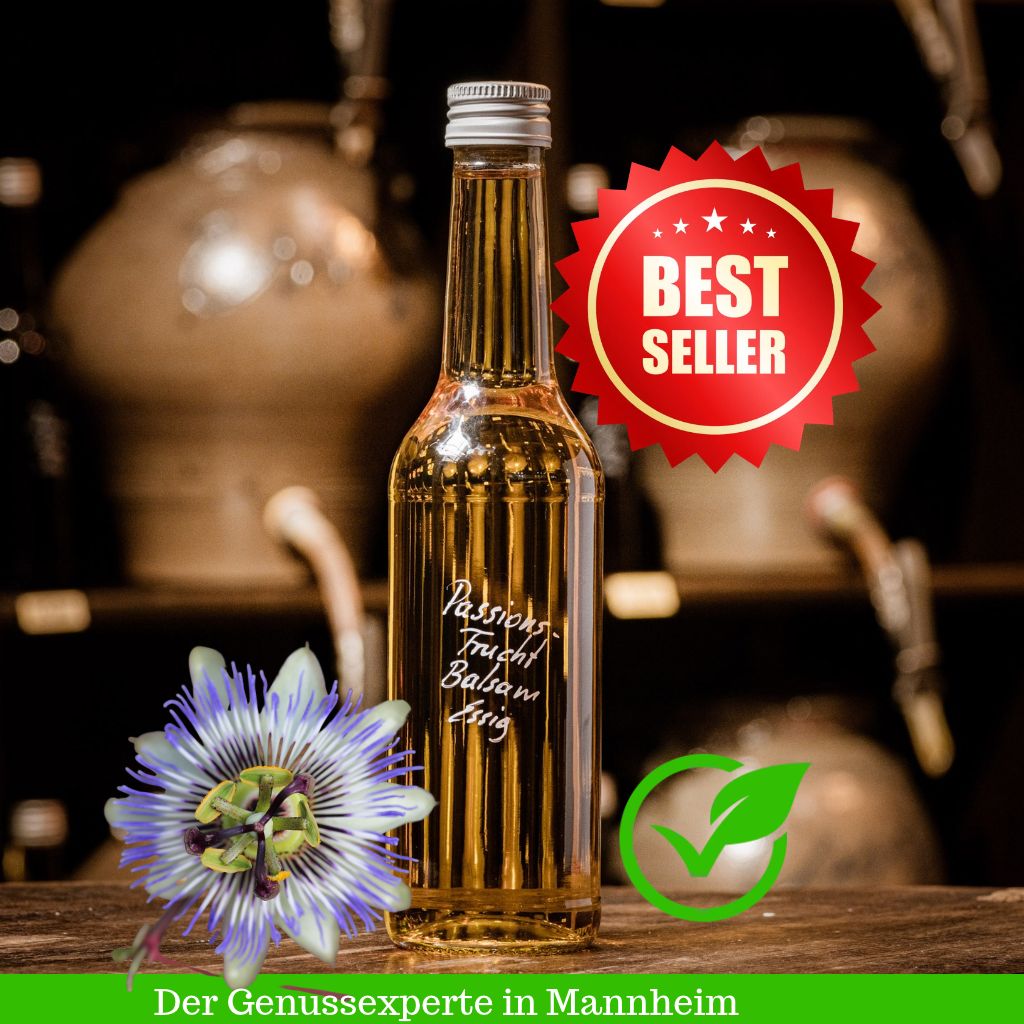 Ene Flasche heller Passionsfruchtessig in Mannheim. Topseller Essig für Salat.