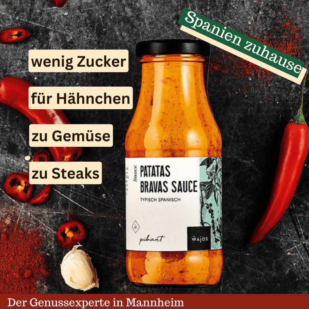 Eine Flasche Grillsauce mit wenig Zucker zu Steaks und für Hähnchen. Patatas Bravas Sauce