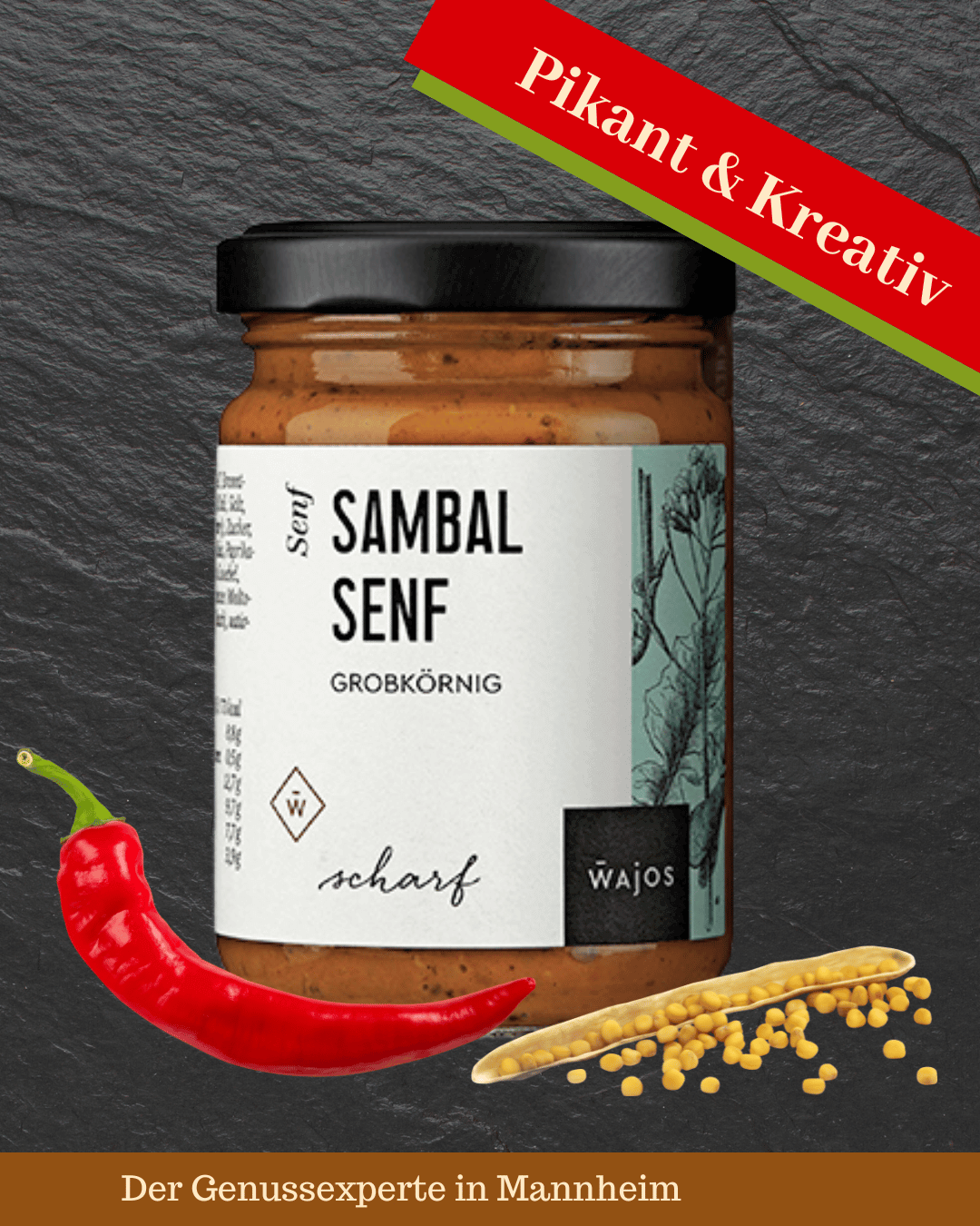 Ein Glas mit orangenen Sambal Senf und schwarzem Deckel in Mannheim