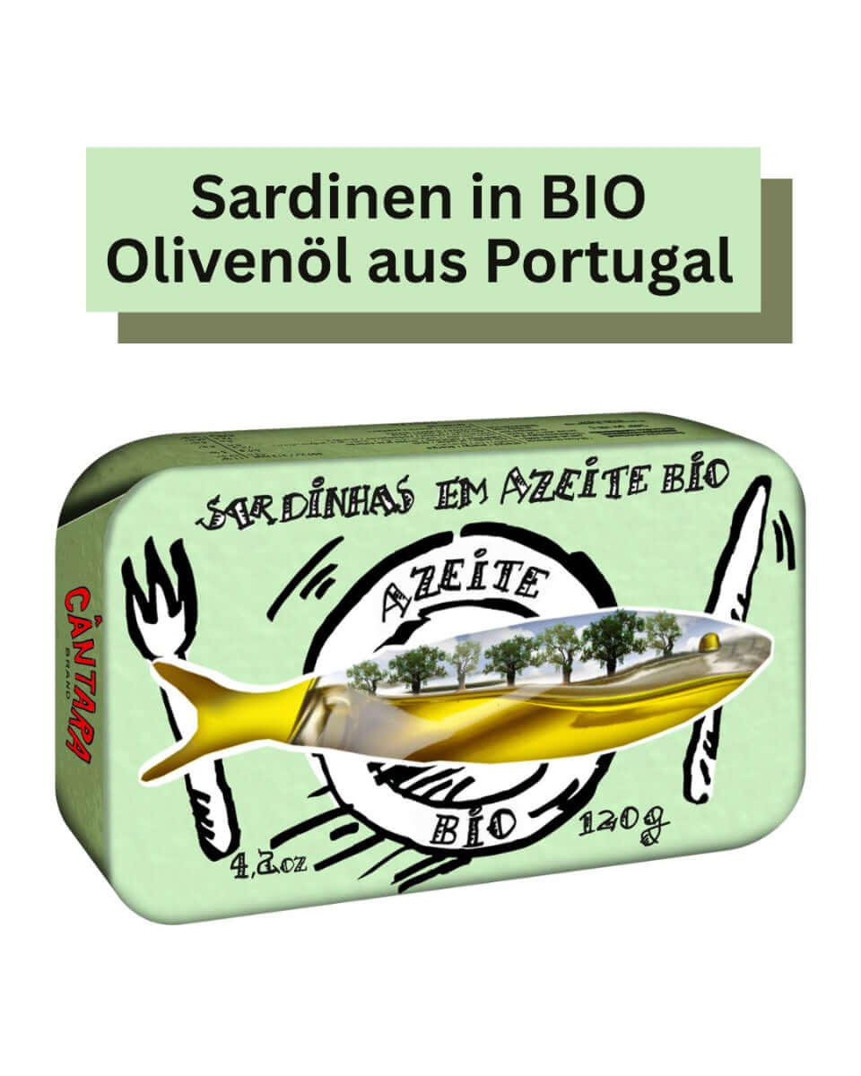 Eine grüne Dose Cantara Sardinen Olivenöl BIO Portugal in Mannheim. Sardinhas Em Azeite Bio.