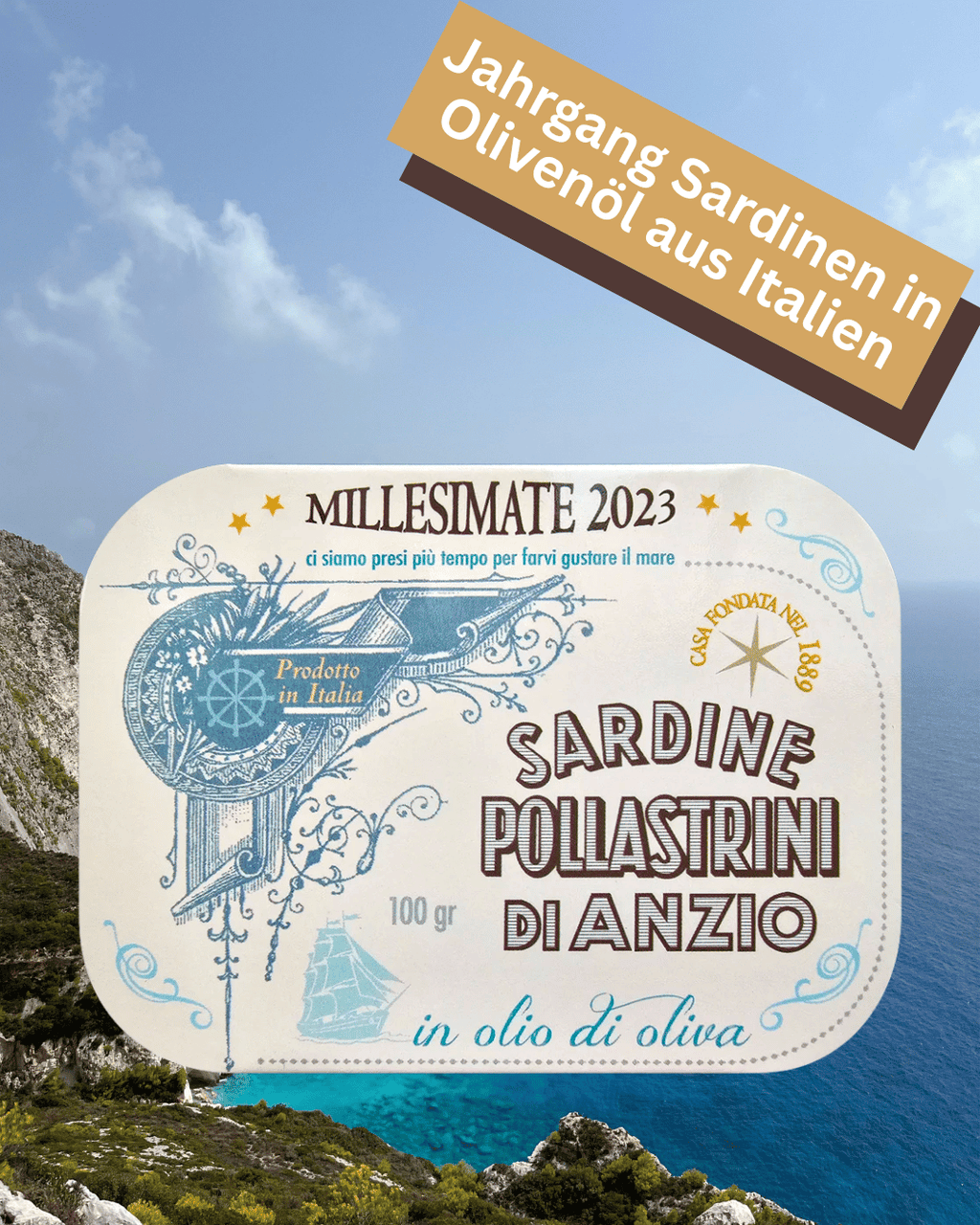 Jahrgangssardinen 2023 in Olivenöl von Pollastrini – hochwertige Feinkost-Sardinen.