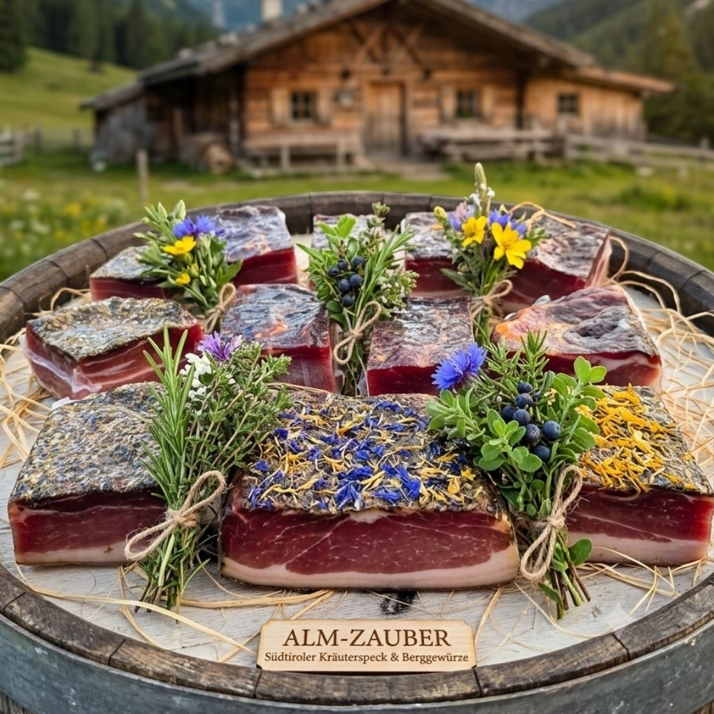 Mehrere Schinken-Speck Stücke mir Bergkräutern auf einer Tiroler Alm mit Holzhaus und Bergen. Speck kaufen in Mannheim.