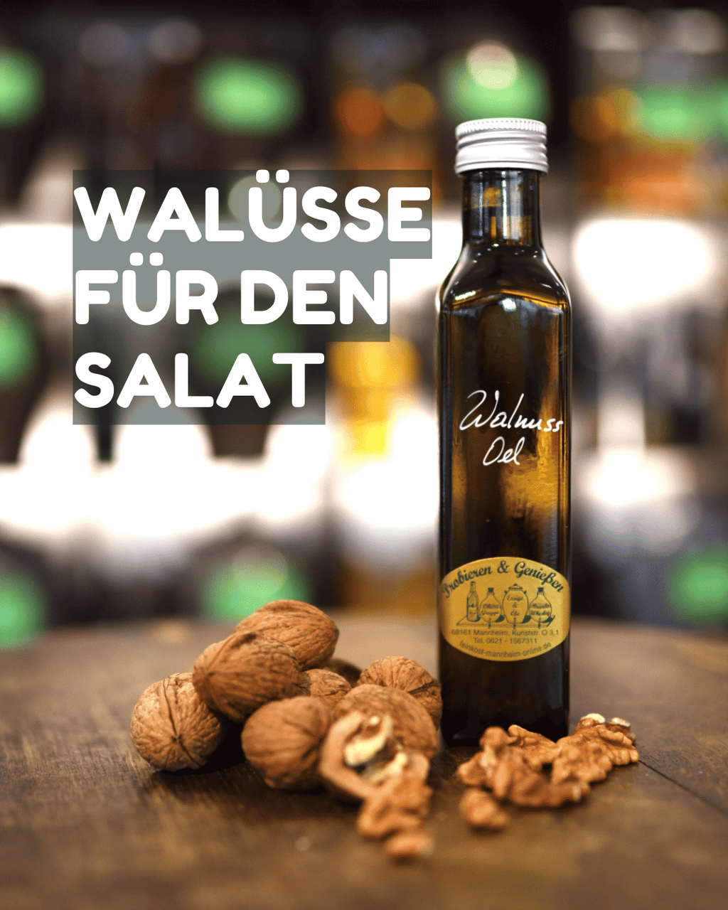 Feinkost Walnussöl aus Frankreich in dunkler Glasflasche. Handabgefüllt in Mannheim. Edles, goldfarbenes Öl aus gerösteten Walnüssen für Salate und Gourmetküche.