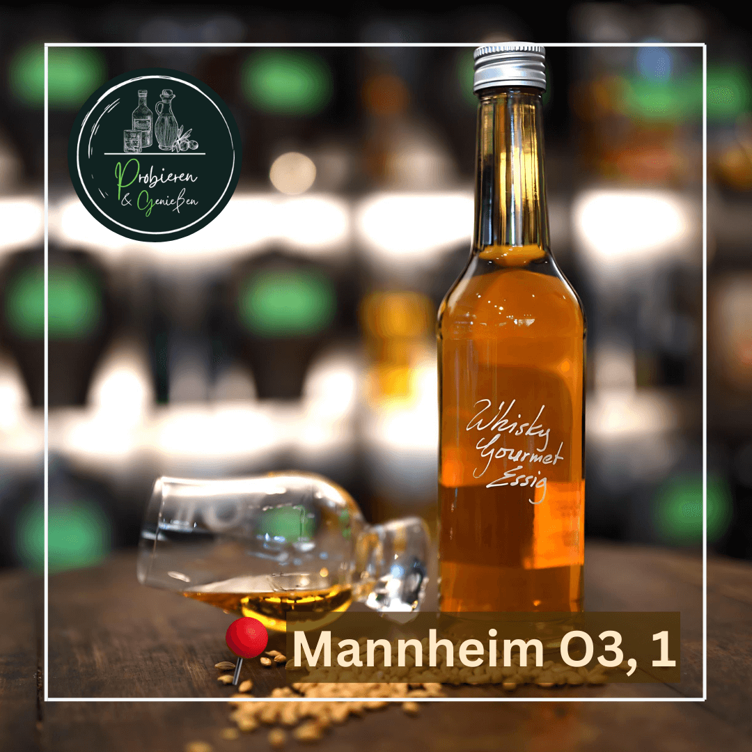 Eine Flasche Whiskyessig und ein liegendes Glas mit Single Malt Whisky in Mannheim