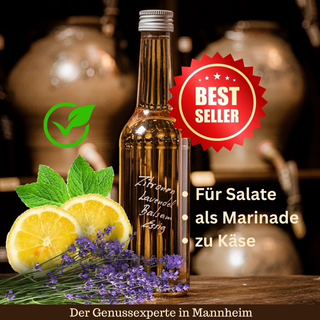 Eine 350ml Flasche mit hellem Zitronen Lavendel Essig in Mannheim. Der Topseller für Salate, Marinaden und zu Käse.