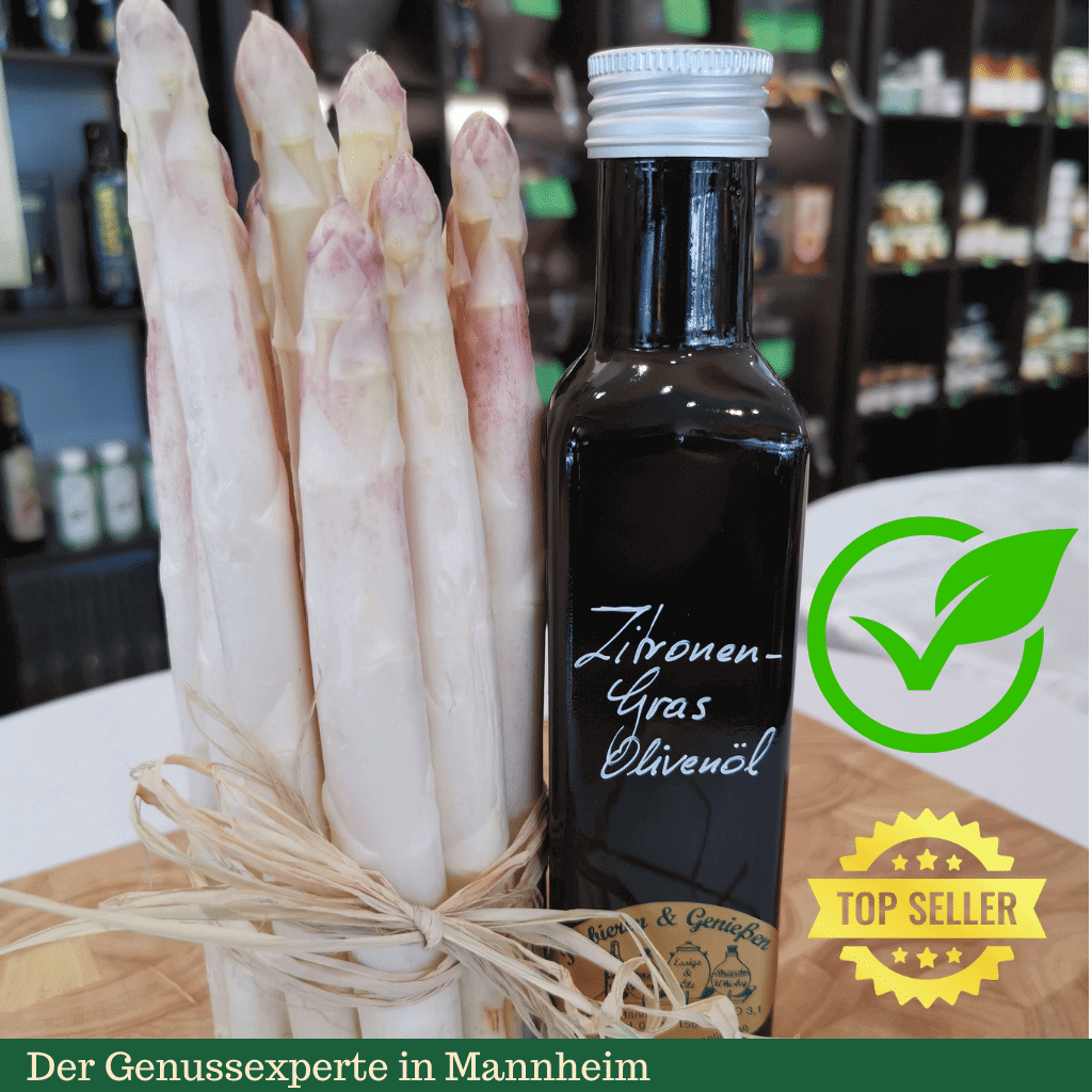 Eine Flasche Zitronengras Olivenöl mit weißem Spargel in Mannheim Innenstadt