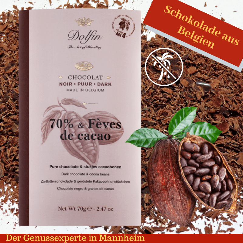 Feine belgische Zartbitterschokolade von Dolfin mit 70% Kakaogehalt und Kakaosplittern in Mannheim
